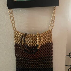 Vintage Cream and Brown Crossbody Bag with Wooden Beads